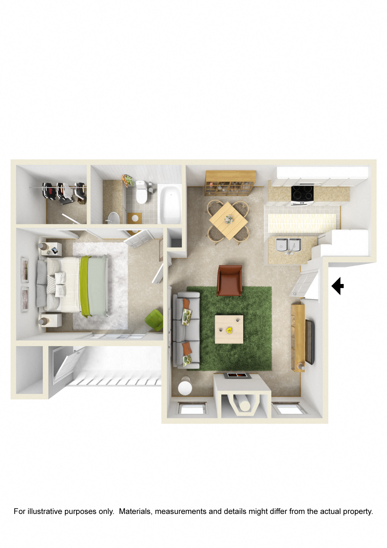 Floor plan for 1 bed, 1 bath, 605 sqft